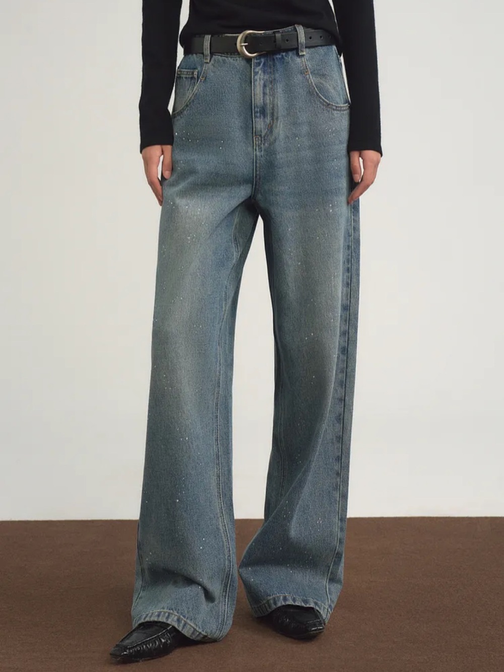 Orange Desire Rhinestone Embellished Wide Leg Jeans Blue Denim High Rise S
